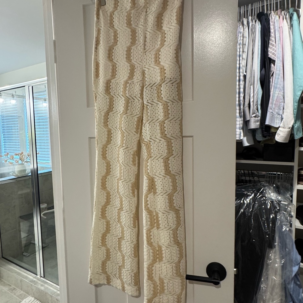 Susana Monaco Cream Chevron Crochet Straight Leg Jumpsuit